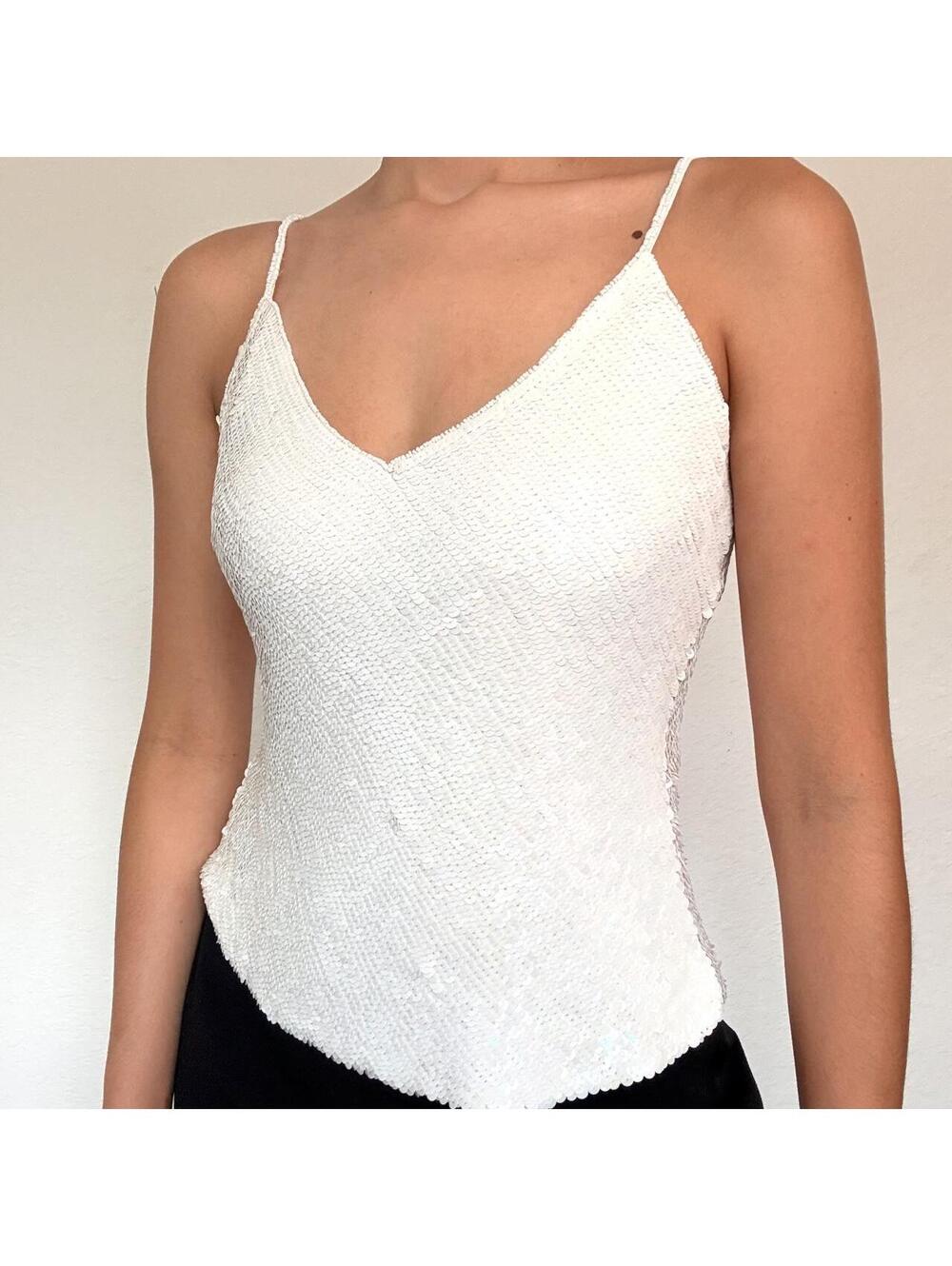 Y2K silver sequin silk mermaid cami top